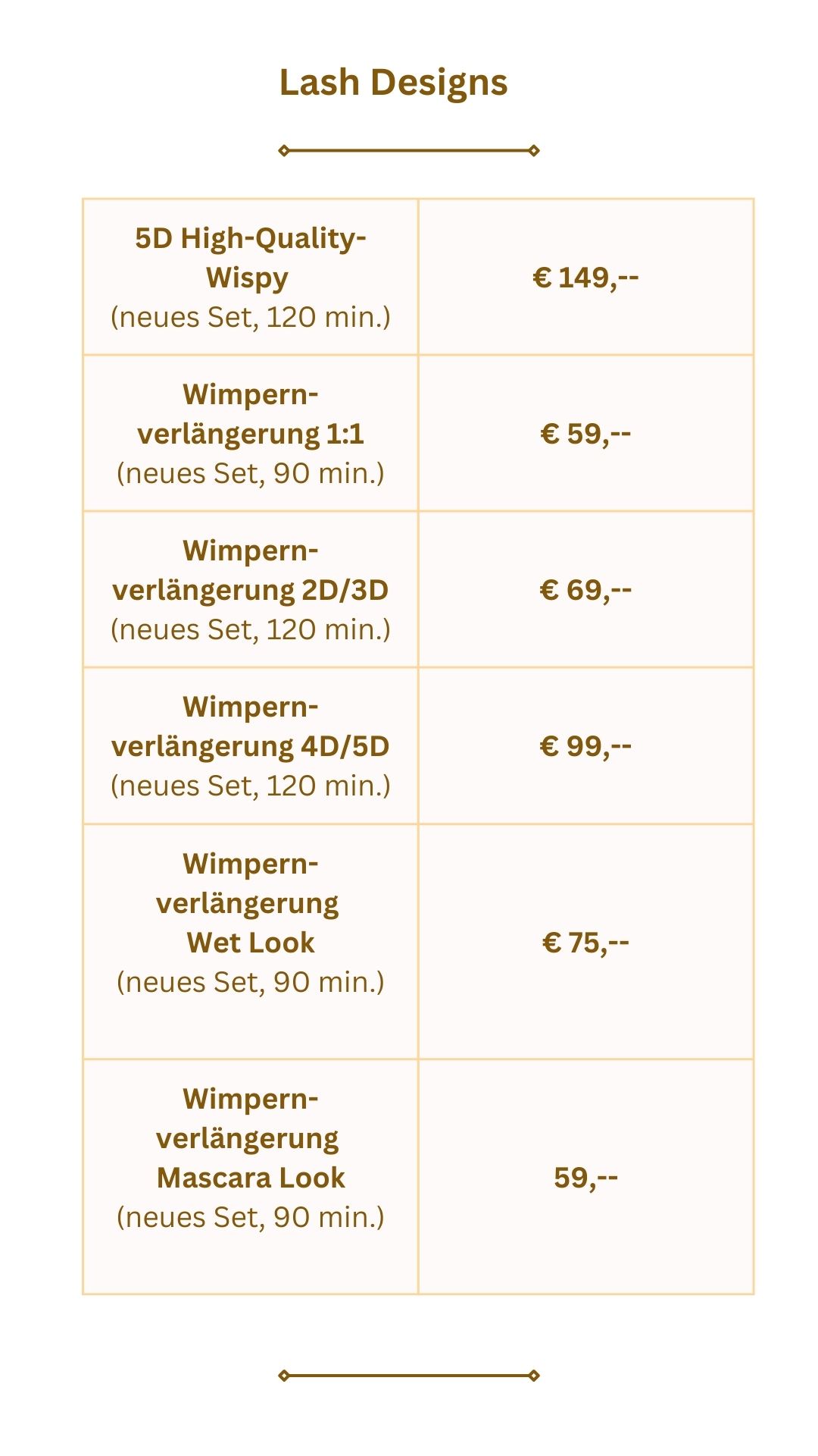 Liste mit Preisen für Wimpernverlängerungen